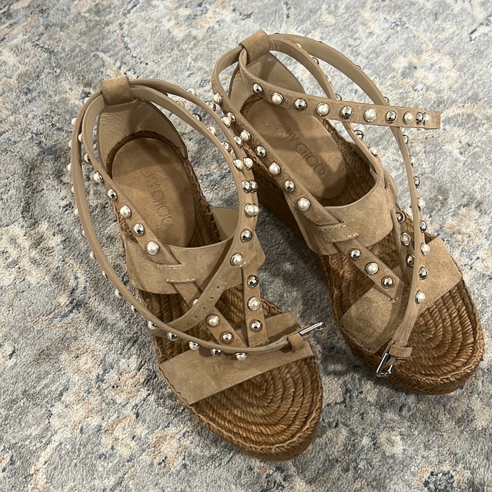 Jimmy Choo Beige Suede Danica 80 mm Pearl Studded Espadrille Wedges